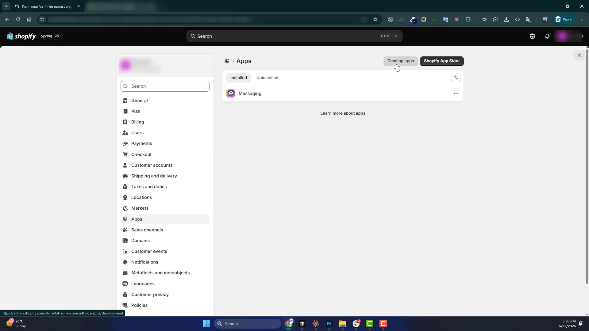Shopify Apps page showing the Develop apps button